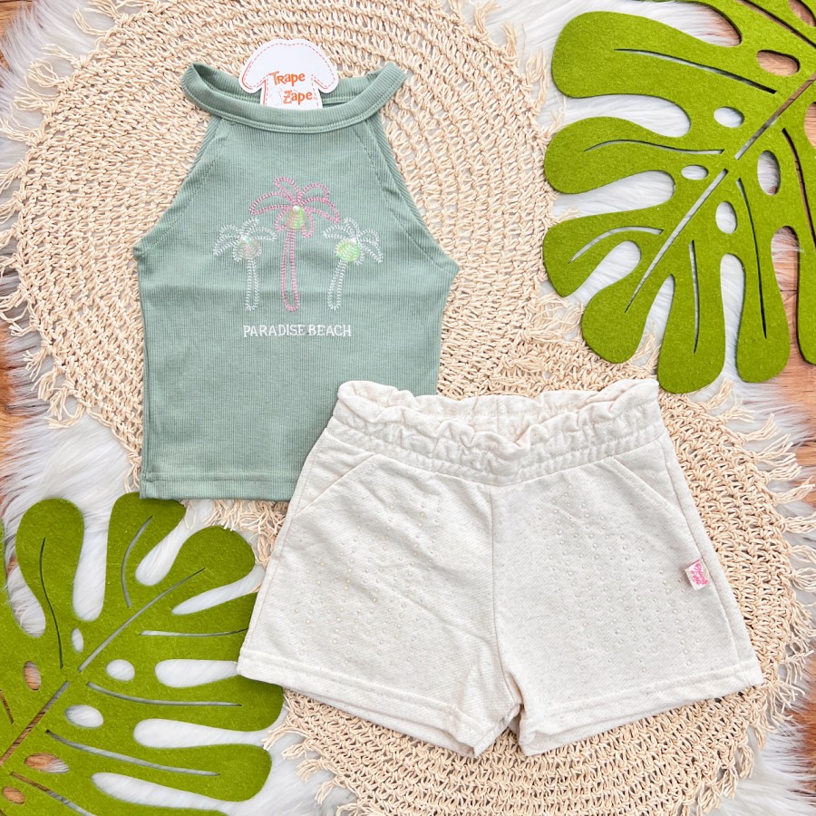 Conj. Regata Ribana Paradise Beach e Short em Linho - Verde e Areia